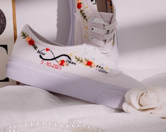 Anpassade Vans för bröllop bruden, ros och kärlek oändlig broderade Vans, brud Vans broderad blomma, blombroderade skor, bröllop
