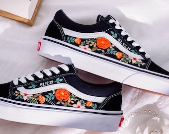Embroidered Vans, Custom Wedding Vans Embroidery Flower, Floral Embroidered Vans Shoes, Custom Vans Embroidered Burnt Orange Flowers, Red