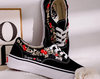 Custom Vans Daisy Flowers Embroidered Vans Shoes, Red Flower Embroidered Sneakers, Vans Embroidery Small Flowers, Birthday Gift for Her