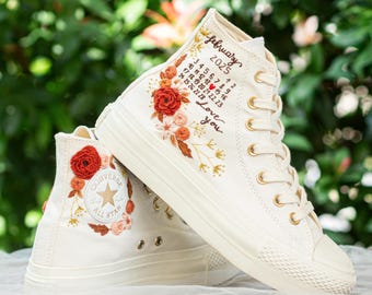 Personalized Wedding Converse High Tops, Embroidered Calendar Date and Red Roses, Anniversary Gift for Her