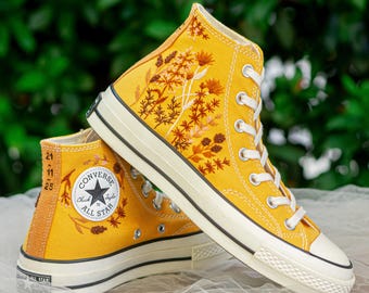 Custom Embroidered Converse 1970s High Tops, Mustard Wildflower Sneakers with Autumn Botanical Design