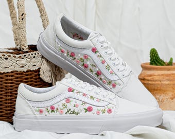 Custom Wedding Embroidered Vans Old Skool, White Vans Shoes With Rose Floral Embroidery And Personalized Name, Custom Vans Shoes, Bride Gift