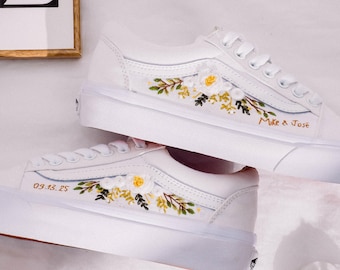 Bride Vans for Wedding, Peonies and Roses Embroidered Vans Custom, White Floral Embroidered Vans Shoes, 3d Embroidery Wedding Vans for Groom