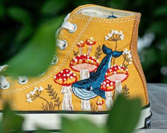 Custom Embroidered Converse High Tops, Whale and Mushroom Design, Woodland Fantasy Sneakers for Her