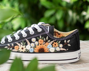 Custom Converse Floral Embroidered Low Tops, Sunflower Daisy Wildflower Sneakers, Personalized Gift for Her
