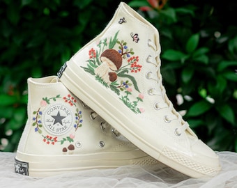 Wedding Converse Embroidered Mushroom and Wildflowers, Botanical High Top Sneakers with Butterfly Design for Bride