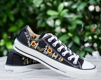 Sunflower Embroidered Converse Low Tops, Black Floral Sneakers with Delicate Botanical Garden Design