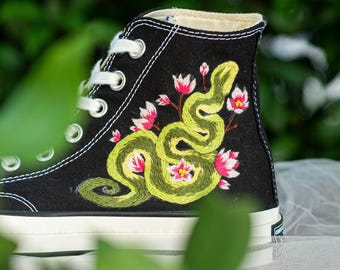Custom Embroidered Converse 1970s Chuck Taylor with Green Snake and Pink Floral Design