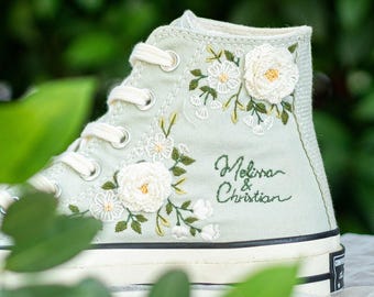 Personalized Wedding Converse High Tops with Ivory Floral Embroidery and Custom Couple Names