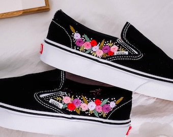 Custom Vans Slip Back Rose Embroidered Vans Shoes, Garden Flower Embroidered Sneakers Custom, Vans Embroidery Small Flowers, Gift for Her
