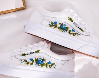 Customized Wedding Vans Shoes, Vans Old Skool Embroidery Blue Flowers, Wildflower Embroidered Wedding Shoes, Bridal Vans White Slip On