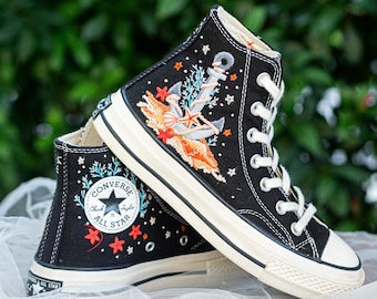 Ocean Anchor Embroidered Converse High Tops with Seashells, Starfish and Nautical Coastal Design