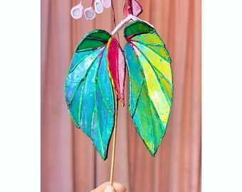 Handmade Stained Glass Begonia 'Metalicolor', Tropical Flower Holiday House Decor and Window Art Perfect Gift for Plant Lovers