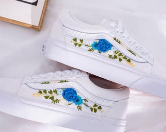 Wedding Vans, Blue Flowers Embroidered Vans Custom, Bridal Flower Embroidered Shoes, Floral Embroidered Sneakers, Personalized Vans Wedding