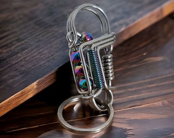 Handmade Colored Titanium Bead Charm Keychain | Durable Stainless Steel Carabiner Keyring with Clip Snap Hook | Safe Drive Gift for Him, Her