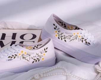 Embroidered Vans Custom, Wedding Vans Embroidery Floral, White Flowers Embroidered Vans Shoes, Name, Rose Embroidered Sneaker, Wedding Gift