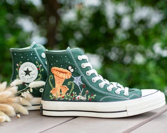 Enchanted Forest Converse with Chanterelle Mushroom Embroidery, Spiderweb Details and Whimsical Woodland High Tops