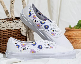 Custom Wedding Embroidered Vans, Daisy And Name Embroidery White Vans Sneakers, Custom Floral Embroidered Shoes, Personalized Gift for Her