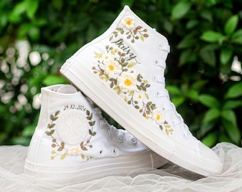 Personalized Daisy Embroidered Converse High Tops, White Floral Sneakers, Custom Name Botanical Shoes, Cottagecore Gift
