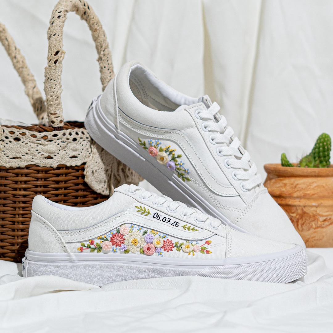 Custom Wedding Embroidered Vans, Bridal Colorful Floral & Name Embroidery Vans Sneakers, Customize Vans for Bride, Gifts for bridesmaids - 1: Old Skool White, 6.5 MEN / 8 WOMEN