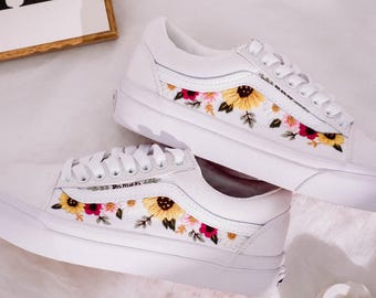 Embroidered Sunflowers Vans, Vans Embroidered Sunflowers, Sunflower, Cosmos, Daisy Embroidered Shoes, Flowers Embroidery Sneaker for Wedding