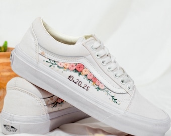 Wedding Vans for Bride, Fall Wedding Flower Embroidered Vans, Rose Bouquet Embroidered Vans, Bridal Sneakers Wedding, Gift for Her