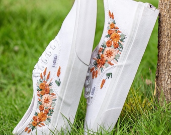 Custom Embroidered Wedding Vans for Bride: Fall Floral Shoes, Gift For Her