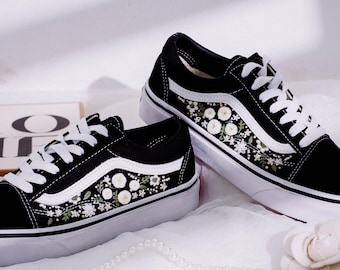Custom Vans Canvas Old Skool Flowers Embroidered Vans Shoes, Custom Shoes Embroidered White Flowers, Embroidered Rose Flower Vans Custom