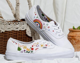 Custom Embroidered Vans Sneakers, White Vans Shoes Embroidery Rainbow And Flower Garden,  Floral Embroidered Sneakers, Wedding Gift