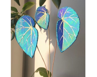 Gorgeous Handmade Stained Glass Begonia Burkillii Dark Form Set of 3 Leaves Tropical Flower Decorations for Holiday House and Window