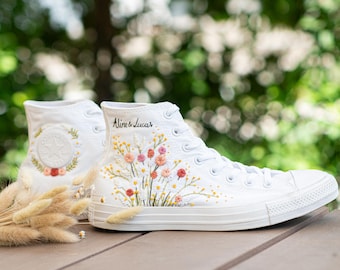 Personalized Wedding Converse with Wildflower Embroidery, Custom Couple Names and Romantic Bridal High Tops