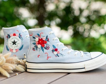 Christmas Floral Embroidered Converse High Tops with Candy Canes, Poinsettia and Winter Berries