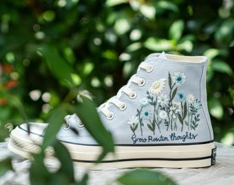 Personalized Embroidered Converse High Tops, Blue Wildflower Wedding Shoes with Custom Date and Quote