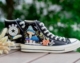 Fox and Mushroom Embroidered Converse High Tops, Enchanted Woodland Sneakers, Whimsical Forestcore Shoes, Nature Gift