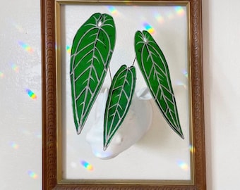 Gorgeous Handmade Stained Glass Anthurium Warocqueanum Form Set of 3 Leaves Tropical Flower Decorations for Holiday House and Window