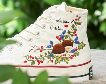 Embroidered Converse High Tops, Strawberry Mushroom Couple Design, Personalized Romantic Sneakers for Anniversary Gift