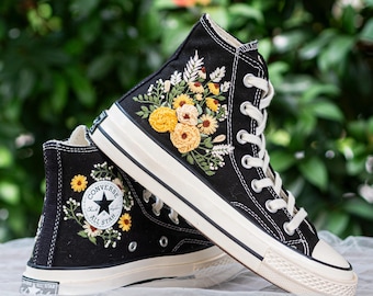 Sunflower Wildflower Embroidered Converse High Tops, Black Floral Sneakers with Cottagecore Botanical Design