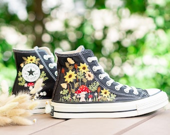 Mushroom Meadow Embroidered Converse High Tops, Black Wildflower Sneakers, Sunflower Woodland Shoes, Cottagecore Gift