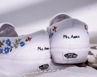 Wedding Vans Custom, Wedding Vans for Bride, Groom, Custom With Name, Date, Embroidered Wedding Reception Shoes, Blue Flower Embroidery Vans
