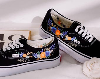 Customized Embroidered Vans Shoes, Name and Flower Embroidered Sneakers Custom, Flower Embroidered Shoes for Women, Mother's Day Gift