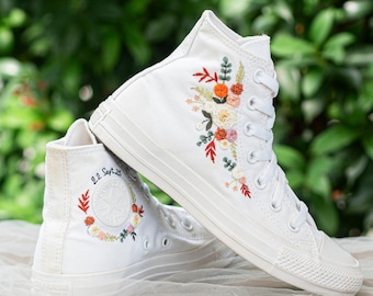 Embroidered Converse High Tops, Autumn Floral Wildflower Sneakers, Custom Botanical Shoes, Gift for Her