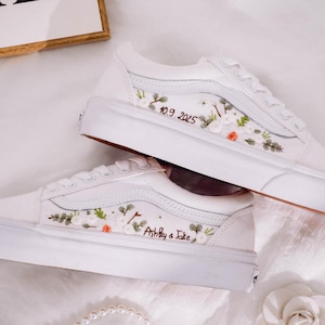 Custom Embroidered Slip on Vans Wedding, Bridal Flowers Embroidered Shoes, Vans With Name Bride, Groom, Vans Embroidery Floral Holiday Shoes