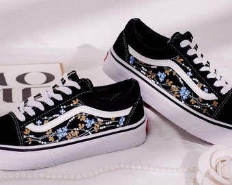 Wedding Vans for Bride and Groom, Blue Flowers Embroidered Vans Custom, Forget Me Not Flower Embroidery Vans Slip On, Vans Embroidery Floral
