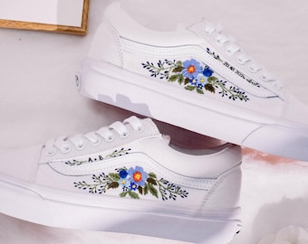 Wedding Vans Old School Embroidery, Custom Bridal Shoes Vans, Wildflower Embroidered Wedding Shoes, Blue, White Embroidered Vans for Wedding