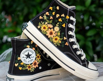 Golden Wildflower Embroidered Converse High Tops, Sunflower Botanical Sneakers with Cottagecore Garden Style