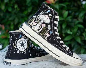 Whimsical Mushroom Embroidered Converse High Tops, Enchanted Forest Botanical Sneakers with Blue Butterflies