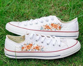 Embroidered Converse Low Tops, Orange Floral Wedding Sneakers, Custom Bridal Shoes for Her