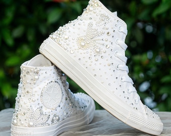 Bridal Converse High Tops with Pearl Rhinestone Embellishments, Sparkly Wedding Sneakers for Bride