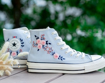 Pink Rose Embroidered Converse High Tops, Blue Floral Sneakers, Romantic Botanical Shoes for Her