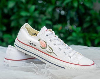 Custom Converse Birth Flower Embroidered Low Tops, August Floral Sneakers with Personalized Birthday Date